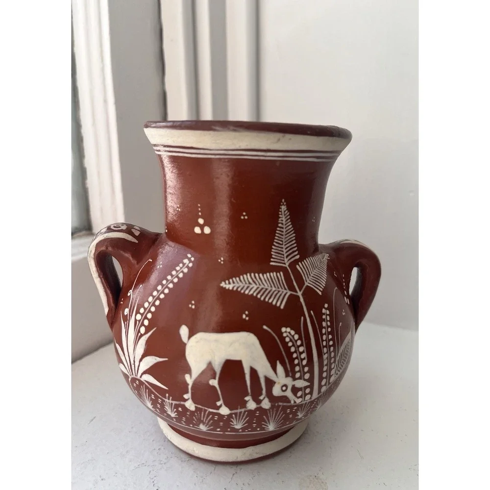 Vintage Handmade Mexican Pottery Vase Bird Flower Deer Signed J.‎ Pila Red Clay